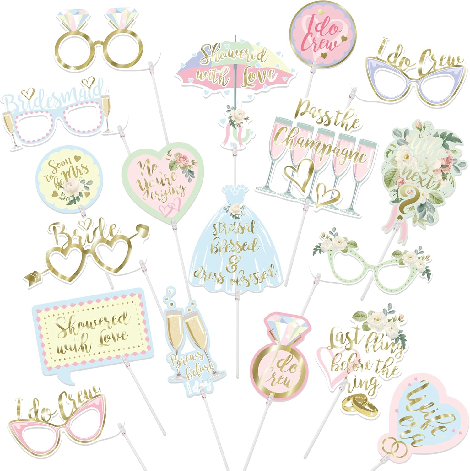 Cheerland Bridal Shower Photo Props Bachelorette Photo Booth Props Pastel and Gold Party Accessories Hen Do Engagement Proposal Party Supplies Bridal Party Cute Selfie Decorations 18 Pcs